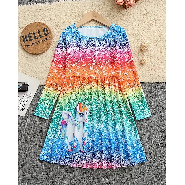  Meninas 3D Unicórnio Vestido Manga Longa Verão Primavera Férias Diário Feriado Princesa Lindo Doce Infantil 4-12 anos Vestido casual Vestido A Line Altura dos Joelhos Normal