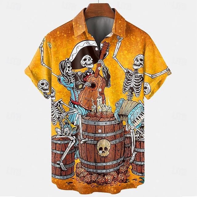  Chemise boutonnée à manches courtes pour homme avec têtes de mort « Lever un verre » par David Lozeau, édition limitée