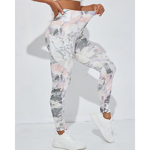  Mulheres Legging Capri Leggings de ioga Com bolsos Compressão abdominal Cintura Alta Academia Esportivo Pilates Calças Estampado Branco Outono Esportes Roupas Esportivas Ajuste justo