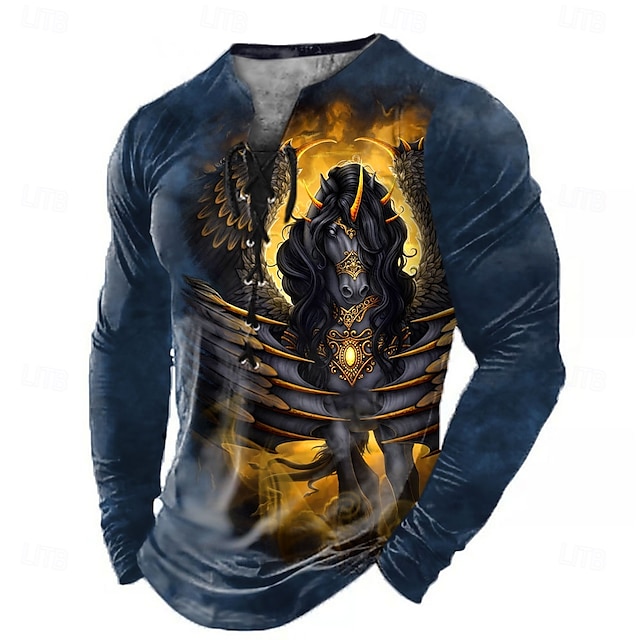  Sarah Richter Halloween Herren Drachen 3D Henley Shirt T-Shirt T-Shirt Langarm T-Shirt 3D-Druck Henley Shirt mit Schnürung am Hals Mode lässig Vintage Retro T-Shirt