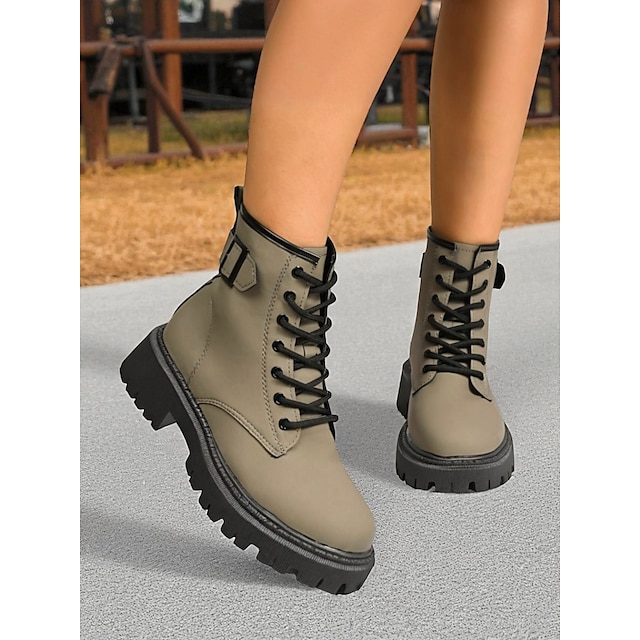  Botas de combate con cordones para mujer con hebilla lateral: suela antideslizante duradera, estilo informal para exteriores y granja, perfectas para usar en otoño e invierno.