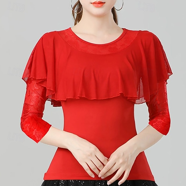  Lateinamerikanischer Tanz Oberteil Spitze Unifarbe Spleißen Damen Leistung Training Dreiviertelarm Hoch Polyester