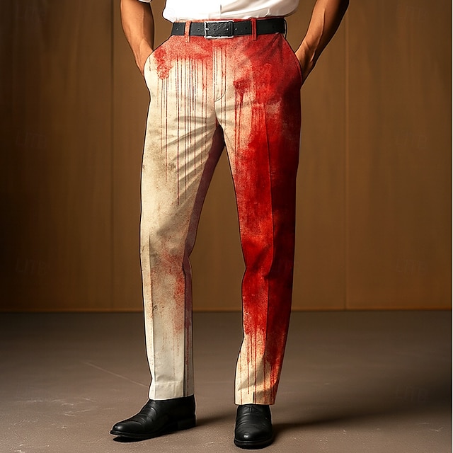  Herren Anzughose Hose Blutflecken Volle Länge Outdoor Ferien Dunkler Gothic-Stil Hellkaki Rote Mikroelastisch