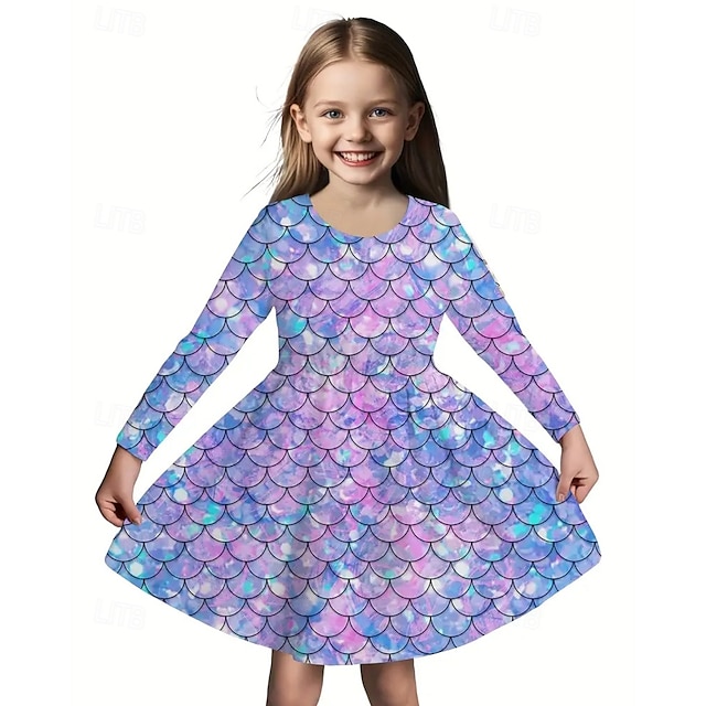 Mädchen' 3D Meerjungfrau Kleid Langarm Sommer Frühling Urlaub Täglich Ferien Prinzessin Schön Süß Kinder 4-12 Jahre Freizeitkleid A Linie Kleid Knielang Normale Passform