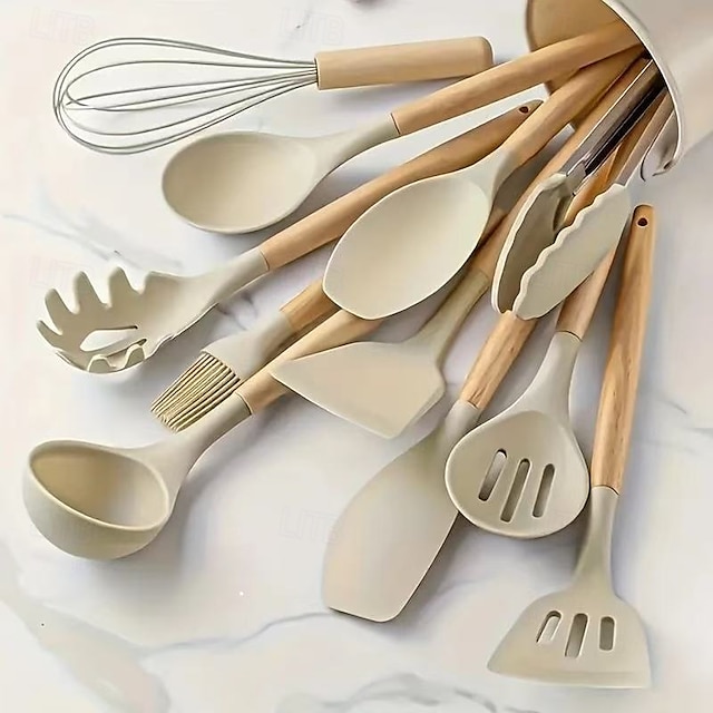  12-Piece Silicone Kitchen Utensil Set, Non-Stick Cooking Tools Including Spatula, Turner, Tongs, and Whisk, Heat Resistant Silicone Cooking Utensils for Baking and Stirring