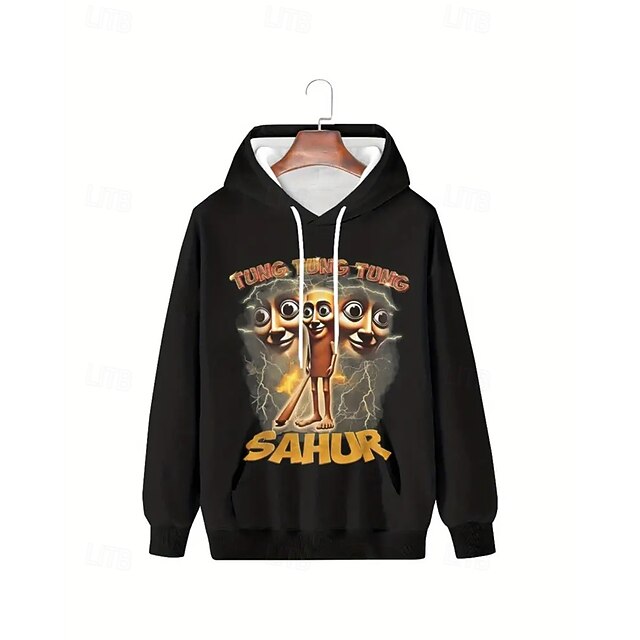  Moletom com capuz gráfico 3D Tung Tung para meninos, manga comprida, moda primavera/outono, streetwear, crianças de 4 a 12 anos, com capuz, casual, para atividades ao ar livre, ajuste regular
