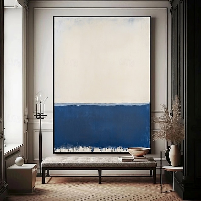  handgemachtes modernes abstraktes Gemälde als Wandkunst – handgegossenes Pigmentgemälde, marineblau gerahmt, strukturierte Leinwand, blaues Ölgemälde für zeitgenössische Räume, Leinwandgemälde