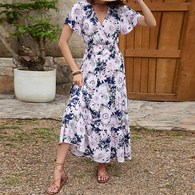  Women's Maxi Dress Sundress A Line Dress Vacation Party Casual Butterfly Sleeve Party Going out Beach Tailored Fit Floral Graphic Short Sleeve V Neck color Summer