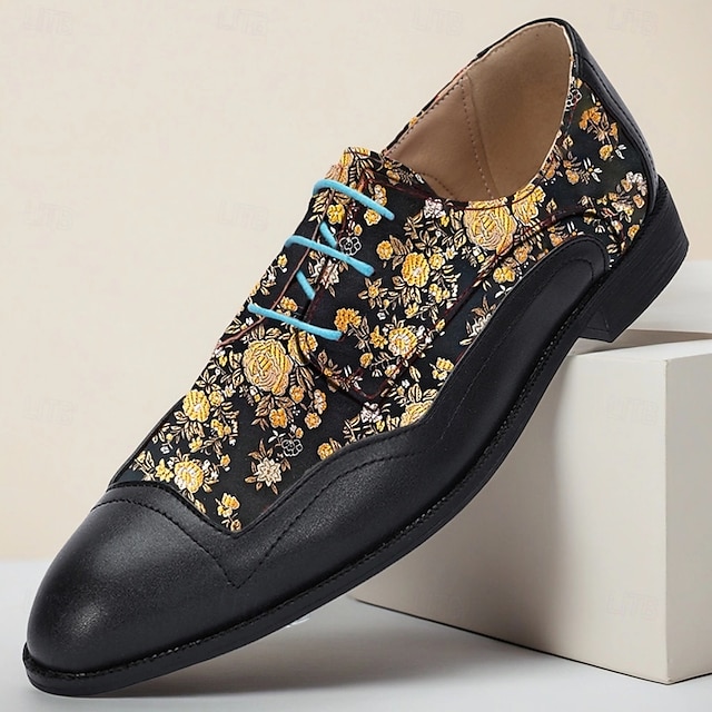  herrskor i jacquard-oxford med gyllene blommönster för modemedvetna män, fester och speciella evenemang
