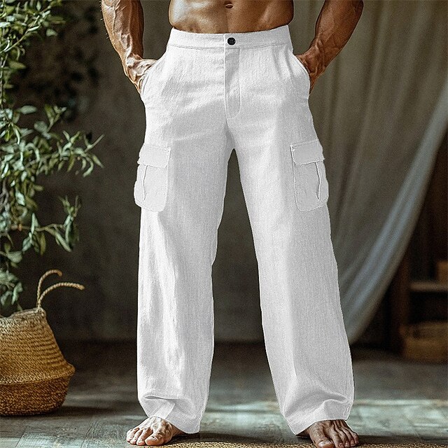Men's Linen Pants Trousers Summer Pants Beach Pants Straight Leg Flap Pocket Plain Comfort Breathable Vacation Daily Holiday Hawaiian Boho Black White4
