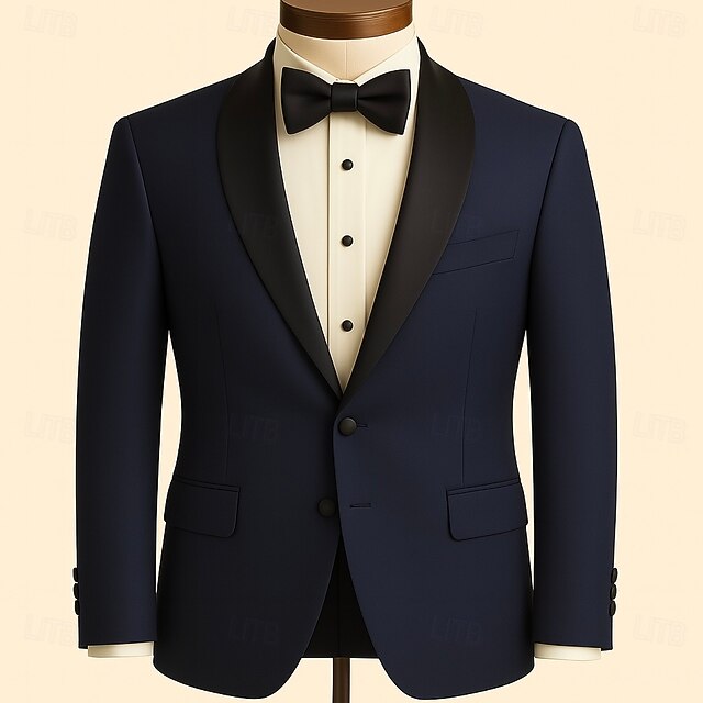 Men's Blazer Jacket Shawl Collar Fashion Party Solid Colored Blazer Navy Blue Standard Fit Single Breasted Two-buttons4
