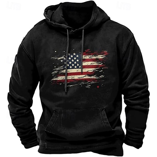 Men's Hoodie Black Navy Blue Hooded National Flag Pocket Print Sports & Outdoor Daily Holiday Streetwear Basic Casual Spring Fall Clothing Apparel Hoodies Sweatshirts3