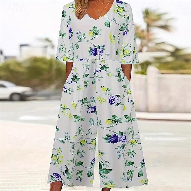 Women's Normal Jumpsuit Streetwear Floral Short Sleeve Wide Leg V Neck Pocket Print Street Daily Regular Fit White Summer4