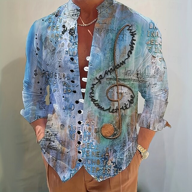 Men's Boardmasters Musical Notes Shirt Stand Collar Shirt Long Sleeve Vintage Retro Vacation Daily Wear Going out Spring Fall Mandarin Collar Band Collar Button-Down Linen Like Shirt Blue4