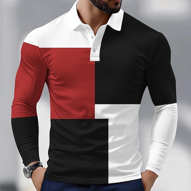  Homme Bloc de Couleur Polo manche longue Polos Chemises à Col Vêtement décontracté de travaile Athleisure Tenue quotidienne Impression 3D Printemps Automne Rouge Bleu Marron
