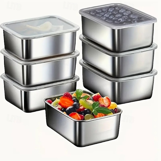  Contenitori per alimenti in acciaio inossidabile da 7 pezzi con coperchi a scatto, scatole per la preparazione dei pasti impilabili a prova di perdite per campeggio, picnic, casa, ufficio e pranzo a