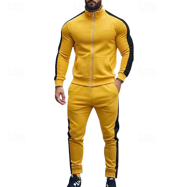  Herr Tröja Träningsoverall Outfit set Hög krage Utomhus Dagligen Sport Snörning Dragkedja Ficka Färgblock Svart Gul Rubinrött Polyester Sportkläder Mode Streetwear Vår