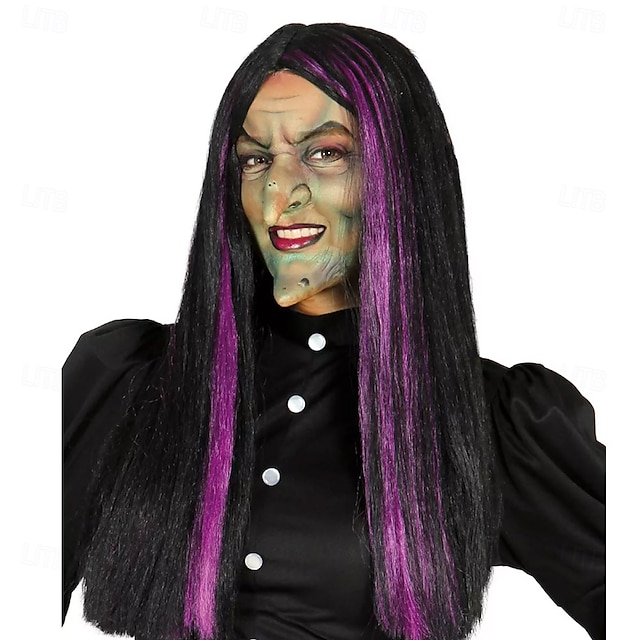  Peruca de bruxa com fios roxos – cabelo de bruxa assustador para Halloween, cosplay, festa, dramatização e acessórios para fantasias