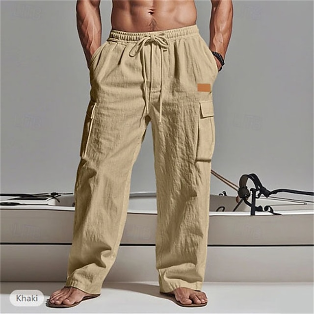 Men's Cargo Pants Linen Pants Trousers Summer Pants Elastic Waist ...