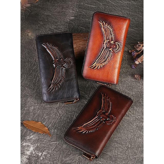  Portefeuille long en cuir véritable pour femme avec motif d'aigle sculpté, pochette zippée vintage pour femmes élégantes, parfait pour un usage quotidien et des occasions spéciales