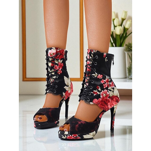  Damskie buty do tańca w kwiaty - satynowe, odkryte palce, profesjonalne buty do tańca latynoskiego na wysokim obcasie z eleganckim nadrukiem róż, idealne do salsy, tanga i występów scenicznych