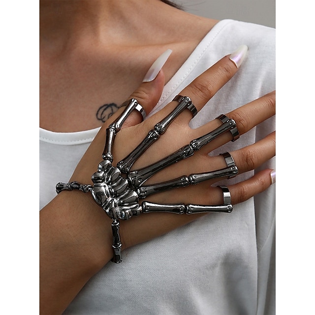  Women's Halloween Alloy Skeleton Hand Bracelet – Adjustable Punk Gothic Style Finger Rings for Parties and Cosplay