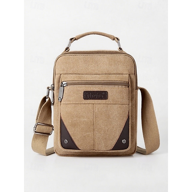  Geantă de umăr crossbody din pânză rezistentă la apă pentru bărbați, cu design rezistent la zgârieturi, stil vintage casual, pentru exterior, călătorii și utilizare zilnică