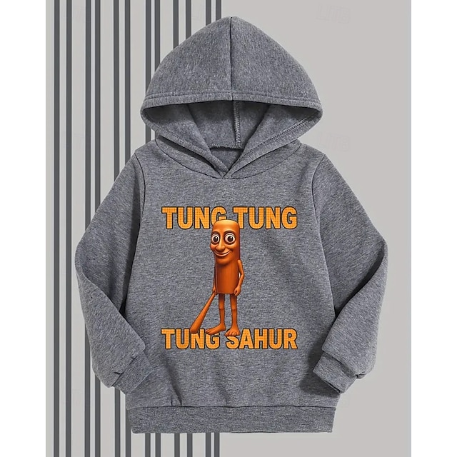  Pojkar 3D Tung Tung Grafisk Huvtröja Långärmad Vår Höst Mode Streetwear Barn 4-12 år Huva Friluftsliv Casual Dagligen Normal Passform