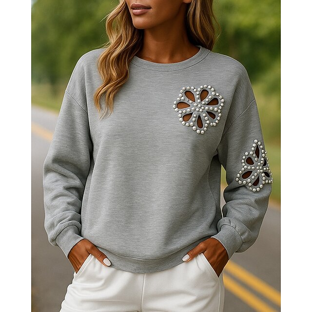 Women's Pullover Sweatshirt Casual Tops Hollow Long Sleeve Top Athleisure Solid Colored Fashion Breathable Outdoor Sportswear Activewear Gray4
