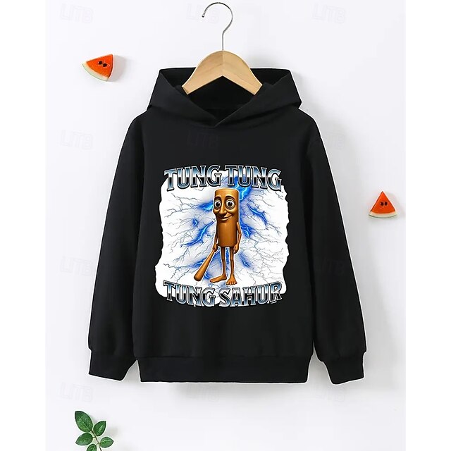 Pojkars avslappnad långärmad huvtröja med tung tung tung sahur-tryck vår höst mode streetwear barn 4-12 år huva utomhus daglig normal passform