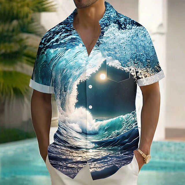 Men's Optical Illusion Ocean Waves Shirt Summer Shirt Button Up Shirt Short Sleeve Fashion Casual Vacation Holiday Streetwear Summer Turndown 3D Print Front One Pocket Linen Like Shirt Blue4