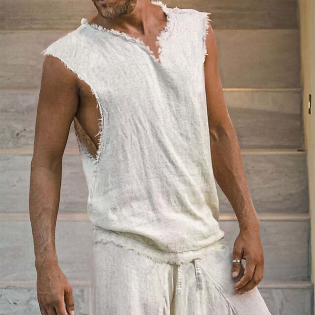 Men's Linen Shirt Tank Top Vest Sleeveless Shirt Sleeveless V Neck Summer Plain Fashion Classic Comfortable Vacation Casual Holiday White Top Tee for Men3