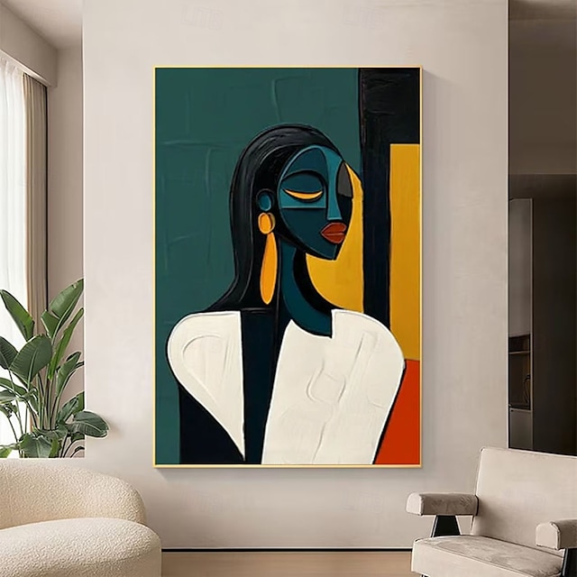  Peinture de portrait abstrait moderne faite à la main peinte à la main avec un contraste chromatique audacieux - peintures à l'huile géométriques figure féminine en or cobalt figure pour peinture
