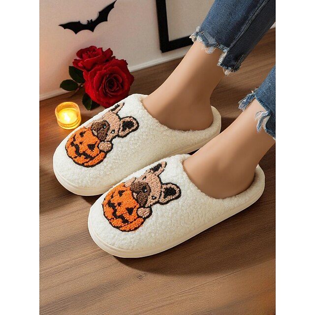  Papuci de casă din fleece pentru femei, cu design de buldog francez și dovleac - pantofi de casă confortabili și din pluș, pentru femei și adolescente, ideali pentru toamnă, cadouri de sărbători și