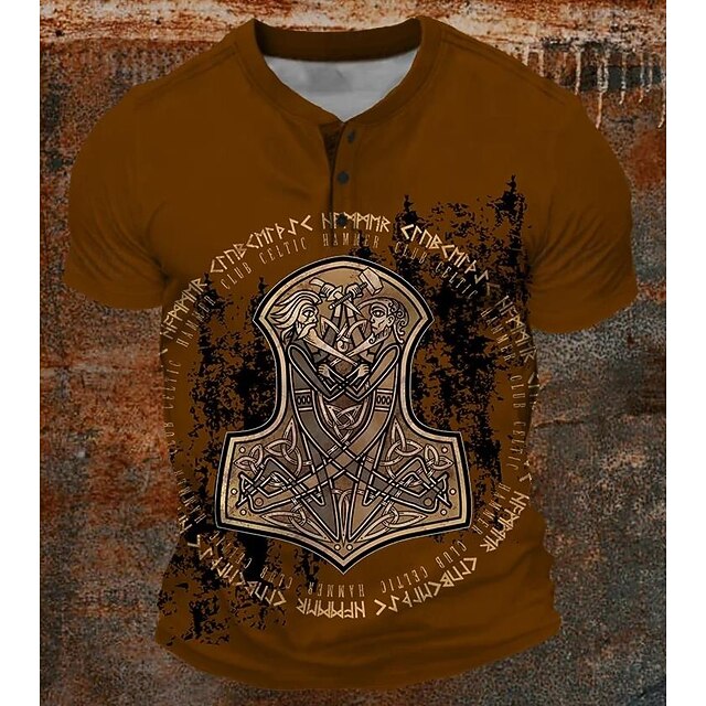 Men's Religion T Shirt Henley Shirt Short Sleeve Designer Retro Vintage Casual Street Casual Daily Summer Spring All Seasons Dark Brown Henley Henley T-Shirt4