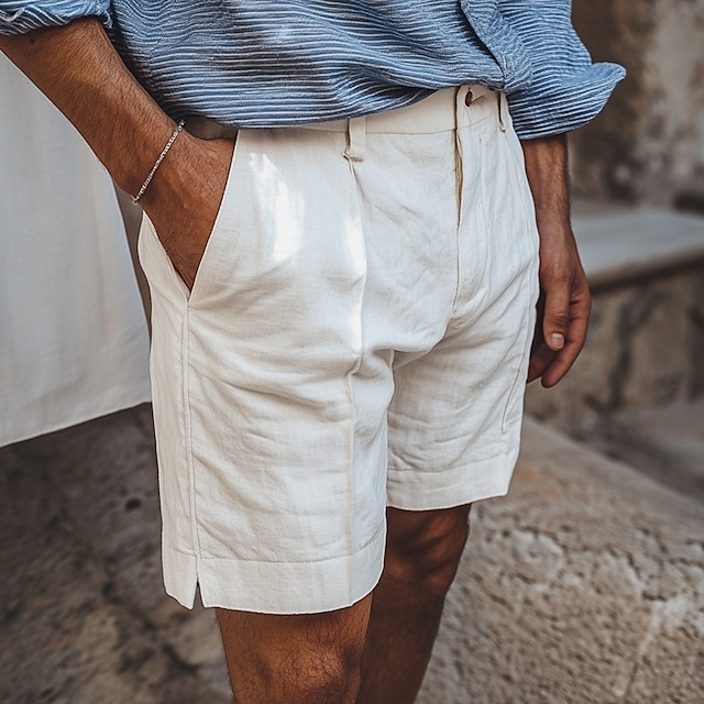  Herren Shorts Leinenshorts Sommershorts Bermudashorts Strandshorts Gerader Schnitt Einfach Weich Atmungsaktiv Knielang Lässig Täglich Ferien Mode Streetwear Schwarz Weiß Unelastisch