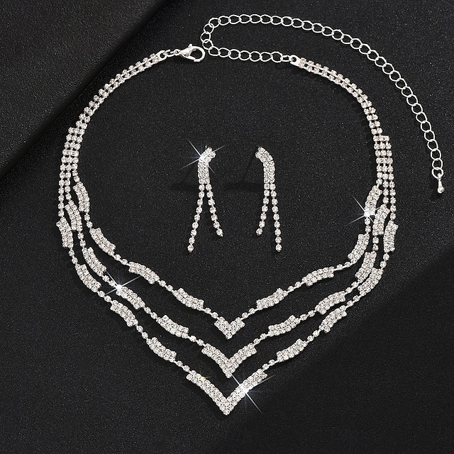  un parure de bijoux de mariée 2 Zircon Diamant Imitation 1 Collier Boucles d'oreilles Femmes Élégant Classique Doux Adorable Superposé Amour Précieux Parure de Bijoux Pour Mariage Anniversaire Cadeau