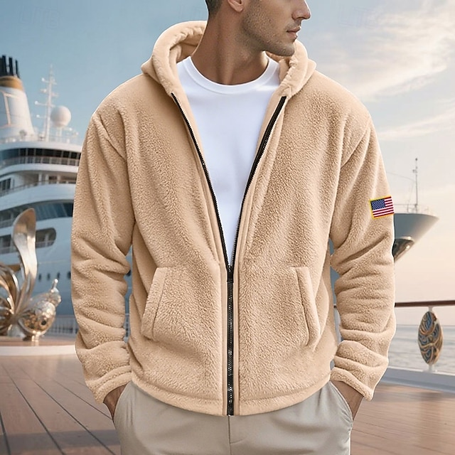 Per uomo Felpa con cappuccio Felpa con cappuccio a zip intera Felpa con cappuccio in pile Felpa con cappuccio in pile Sherpa Nero Blu marino Cachi Grigio Con Cappuccio Semplice Con zip Tasca Frontale