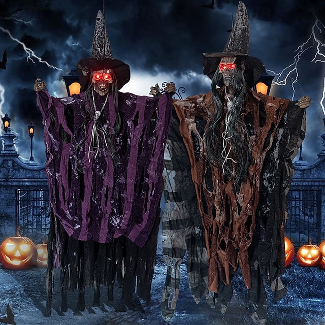  Halloweenské dekorace do exteriéru - halloweenská animatronická závěsná dekorace lebky ducha se zářícíma očima, halloweenské strašidelné rekvizity a párty dekorace, vhodné pro vnitřní i venkovní