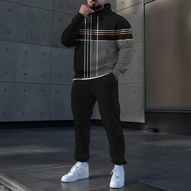 Men's Line 2pcs 3D Sweatshirt Sets Tracksuit Hoodie Sweatshirt Long Sleeve Long pants Hooded Sporty Casual Daily Athleisure 3D Print Spring Fall Winter Black4