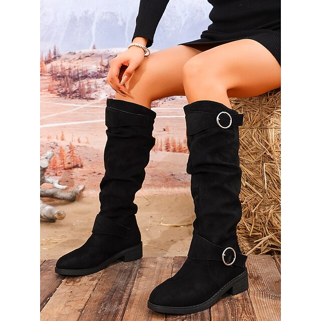  Botas altas hasta la rodilla de ante con hebilla para mujer: botas planas informales de estilo retro otoñal para uso diario, viajes y actividades al aire libre.
