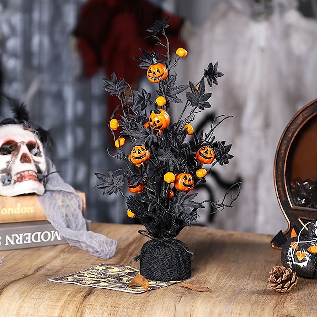  Kunstig potteplante med halloween-gresskar og lønneblader, skummel dekorasjon med svart gresskartre, skummel halloween-borddekorasjon til hjem, fest, innendørs bruk