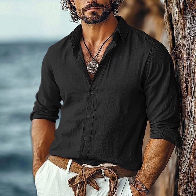  Per uomo Camicia Camicia di lino Camicia Estiva Abbigliamento da spiaggia Camicia con Bottoni Semplice Vacanza Casuale Nero Bianco Cachi Grigio Manica Lunga Collo ripiegato Estate Primavera