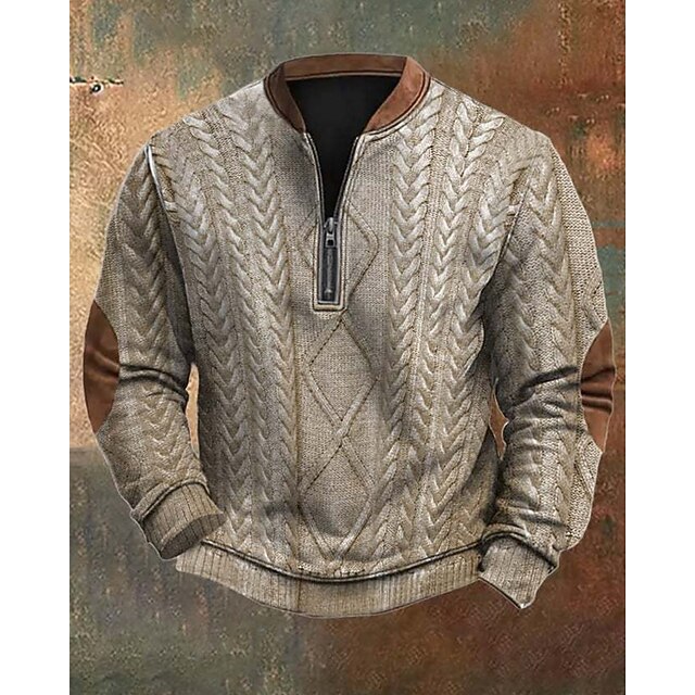 Men's Sweatshirt Quarter Zip Sweatshirt Blue Khaki Half Zip Color Block Print Ribbed Textured Knit-texture Sports & Outdoor Daily Holiday Polyester Streetwear Basic Casual Spring Autumn / Fall3
