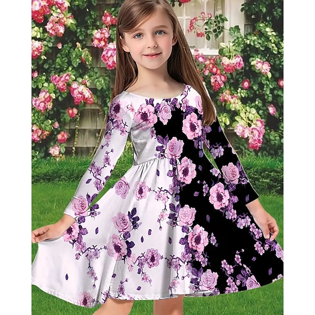  Mädchen' 3D Blume Kleid Langarm Sommer Frühling Urlaub Täglich Ferien Prinzessin Schön Süß Kinder 4-12 Jahre Freizeitkleid A Linie Kleid Knielang Normale Passform