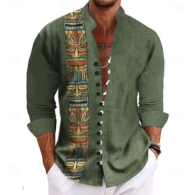 Men's Mask Ethic / African Shirt Stand Collar Shirt Long Sleeve Vintage Retro Vacation Daily Wear Going out Spring Fall Mandarin Collar Band Collar Button-Down Linen Like Shirt Green4