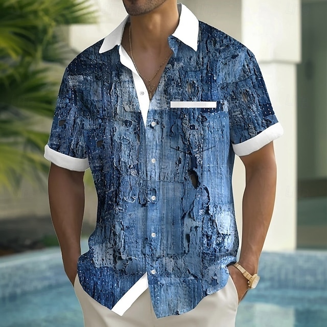  Men's Distressed Print Denim-like Shirt Summer Shirt Button Up Shirt Short Sleeve Fashion Casual Outdoor Vacation Dailywear Summer Spring Turndown 3D Print Collared Shirts Front One Pocket Blue