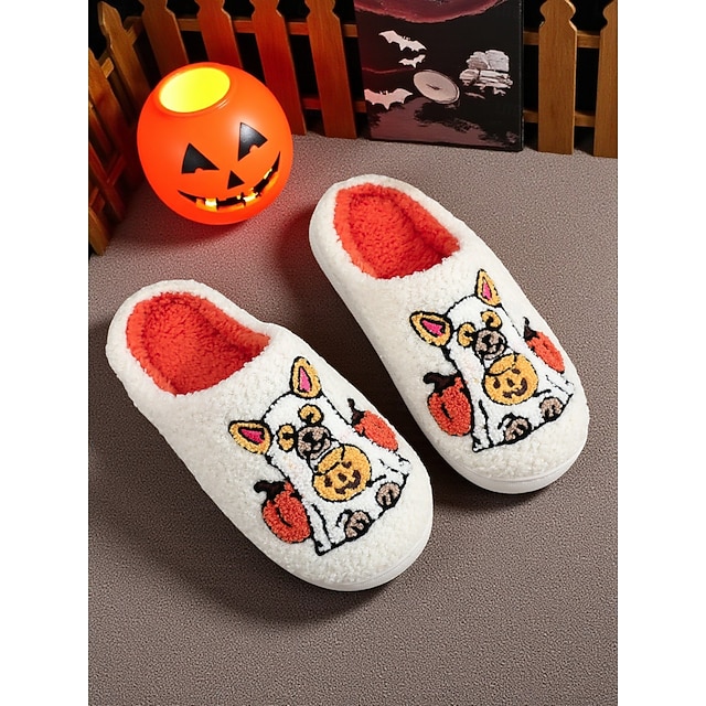  Unisex-Fleece-Hausschuhe mit Halloween-Hundestickerei – gemütliche Hausschuhe mit Kürbis-Design für Damen und Herren