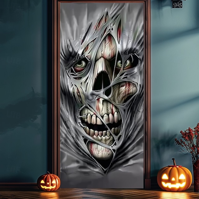  Couvre-portes d'Halloween Tapisserie de porte Dieu de la mort Rideau de porte Décoration Décor de fond Bannière de porte pour porte d'entrée Maison de campagne Fête de vacances Fournitures de