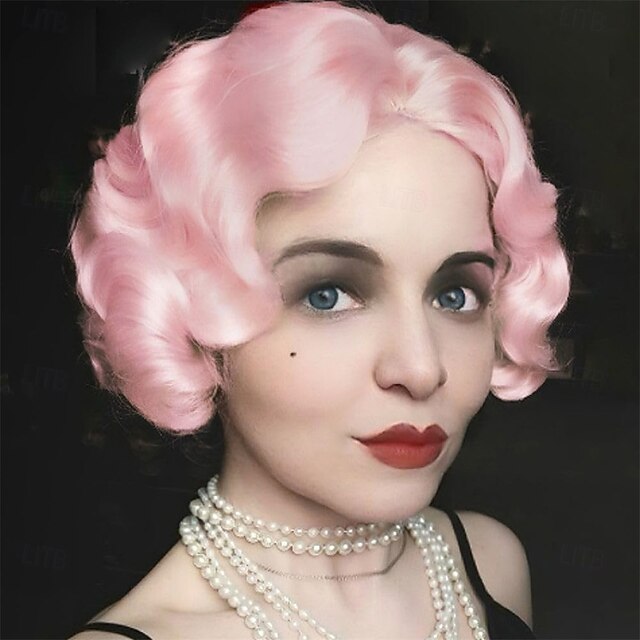  Peluca rubia con ondas en los dedos para mujer, peluca corta rizada de los años 20, fibra sintética natural resistente al calor, para cosplay, uso diario.